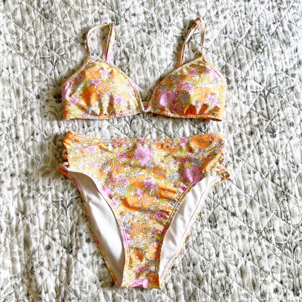Retro Floral High Waisted‎ Bikini Set Orange Pink Yellow Two Piece Swimsuit